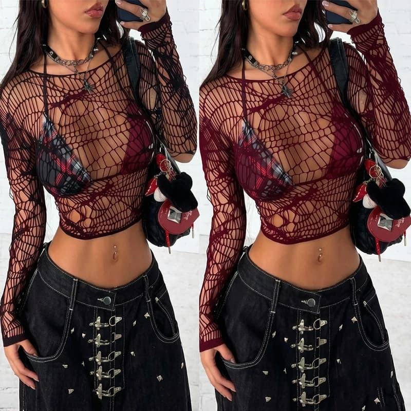 Top de Mujer Manga Larga Transparente de Rejilla para Playa